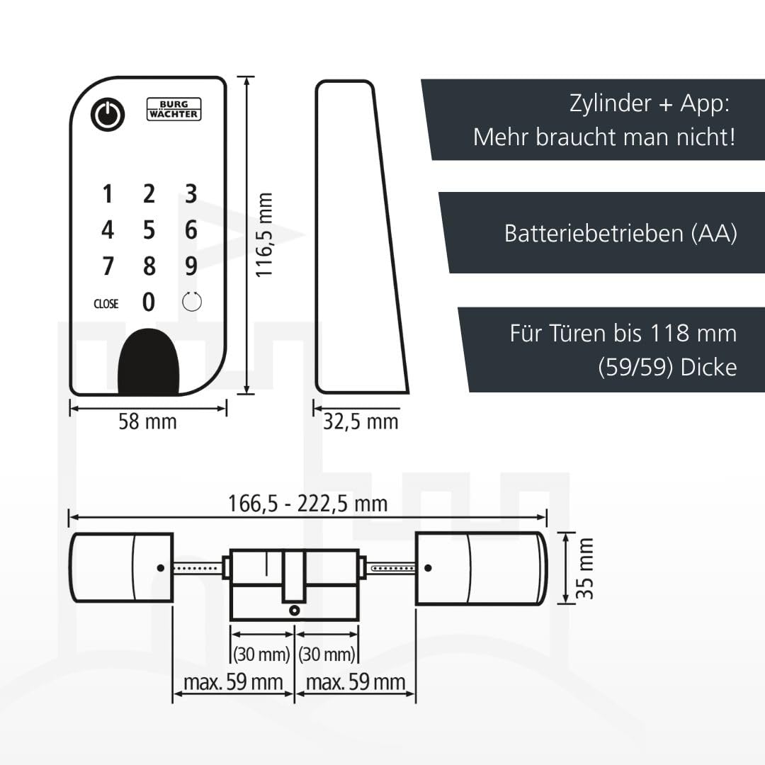BURG-WÄCHTER Elektronisches Türschloss, Zylinder und Keypad, Öffnung mit App, Pincode oder Funkschlüssel, ENTRYeasy 7601 PIN, Schwarz/Edelstahl Tastenfeld