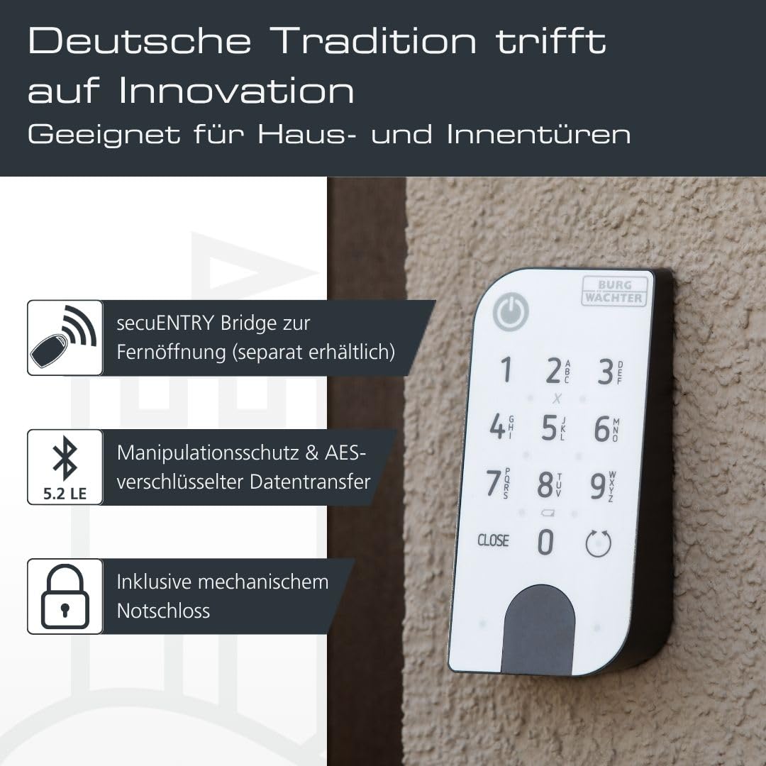 BURG-WÄCHTER Elektronisches Türschloss, Zylinder und Keypad, Öffnung mit App, Pincode oder Funkschlüssel, ENTRYeasy 7601 PIN, Schwarz/Edelstahl Tastenfeld