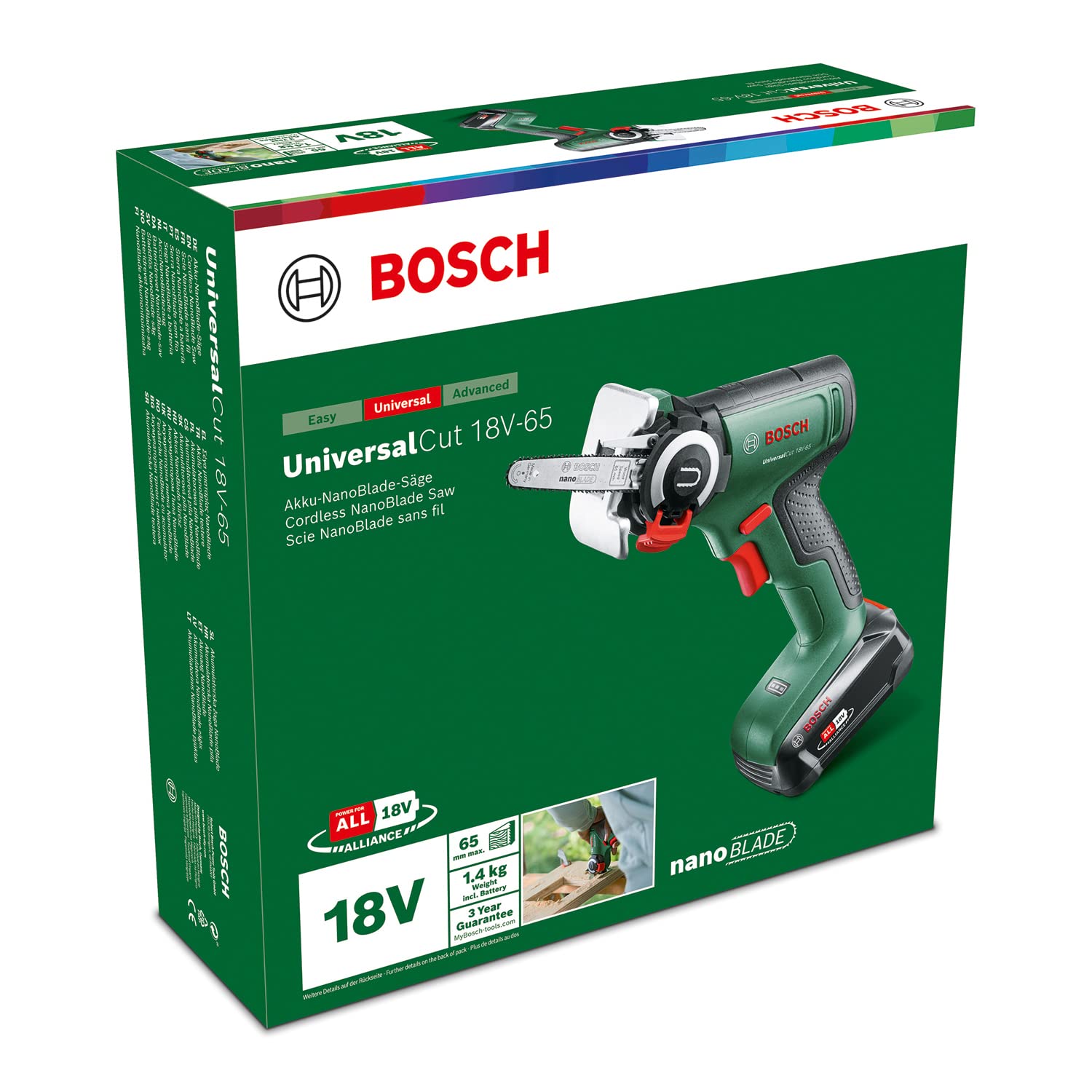 Bosch Akku-NanoBlade-Säge UniversalCut 18V-65 (schnelles Freihand-Schneiden in Holz, Holzwerkstoffen und Plastik; max. Schnitttiefe 65 mm; 18-Volt-System; 1x 2,5Ah Akku und Ladegerät)