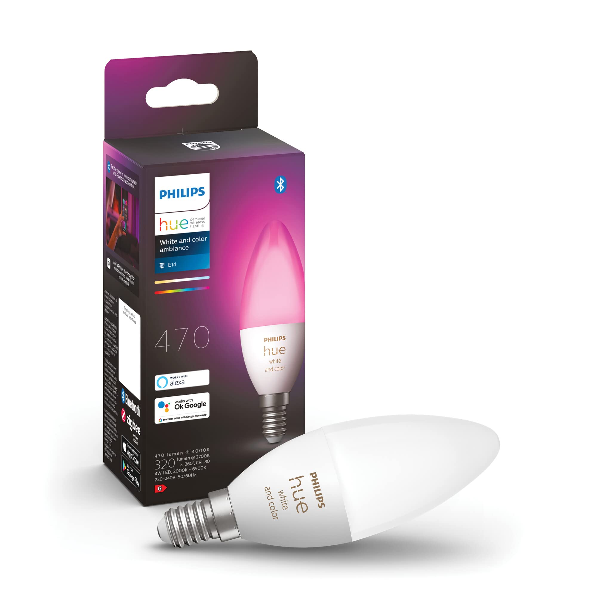 Philips Hue White & Color Ambiance E14 LED Lampe (470 lm), dimmbares LED Leuchtmittel für das Hue Lichtsystem mit 16 Mio. Farben, smarte Lichtsteuerung über Sprache und App, 1er Pack